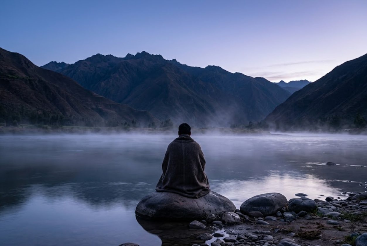 A person wrapped in a blanket sits still on a stone by a misty river at dusk.