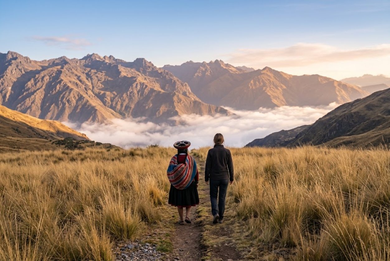 Two people seen from behind walk side by side through golden grass toward the mountains.