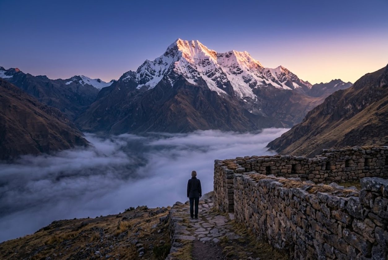 A small figure stands beside an old stone wall, facing a snow peak at first light.