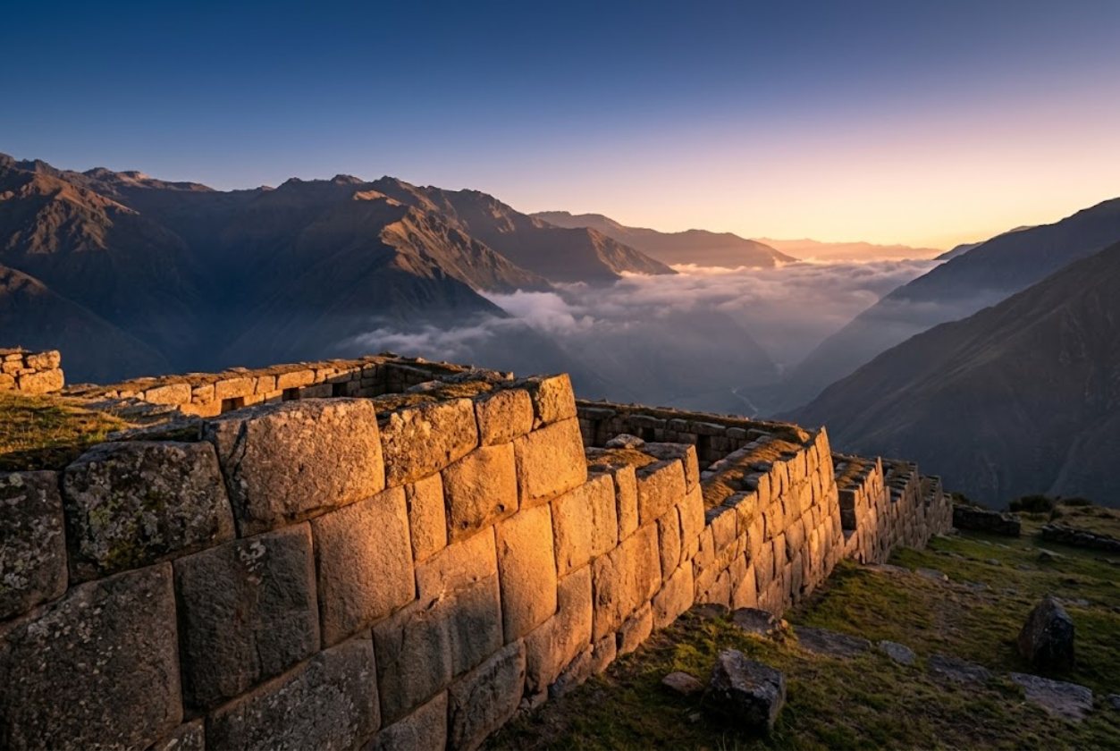 An old stone wall catching the first light, with mist in the valley below.